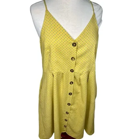 Umgee Polka Dot with Pockets Summer Dress Women's Yellow with Blue Size Large - Picture 1 of 16